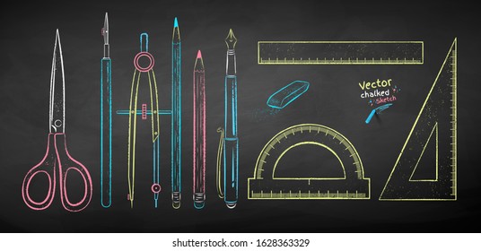 Vector color chalk drawn illustration collection of drafting tools on chalkboard background.