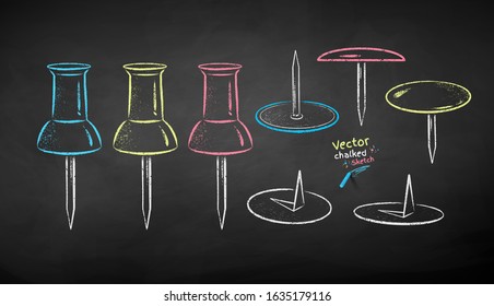 Vector color chalk drawn illustration set of push pins on chalkboard background.