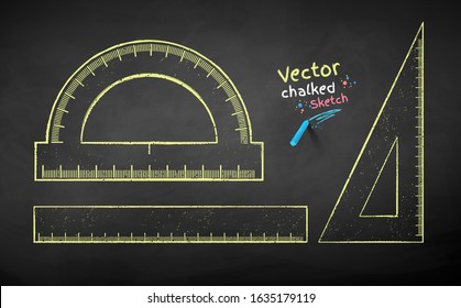 Vector color chalk drawn illustration collection of rulers on chalkboard background.