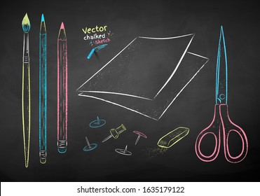 Vector color chalk drawn illustration collection of drawing items on chalkboard background.