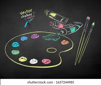 Vector color chalk drawn illustration set of artists supplies on chalkboard background.