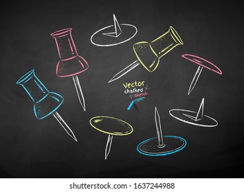 Vector color chalk drawn illustration set of push pins on chalkboard background.