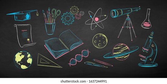 Vector color chalk drawn illustration set of science objects on chalkboard background.