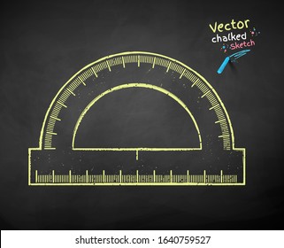 Vector color chalk drawn illustration of protractor on chalkboard background.