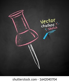 Vector color chalk drawn illustration of red push pin on chalkboard background.