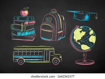 Vector color chalk drawn illustration collection of education items on chalkboard background.