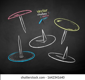 Vector color chalk drawn illustration set of push pins on chalkboard background.