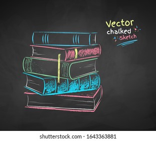 Vector color chalk drawn illustration of pile of books on black chalkboard background.
