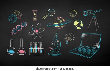 Vector color chalk drawn illustration set of science symbol objects on chalkboard background.