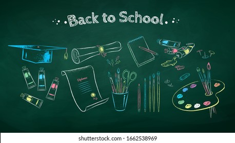 Vector color chalk drawn illustration collection of art students supplies on green chalkboard background.
