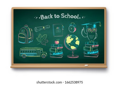 Vector color chalk drawn illustration set of education items on green school chalkboard isolated on white background.