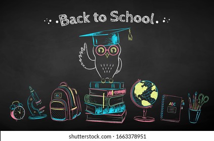 Vector color chalk drawn illustration poster of education symbols on black chalkboard background.