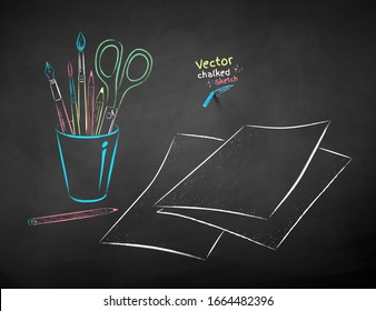 Vector color chalk drawn illustration of desk organizer and sheets of paper on chalkboard background.