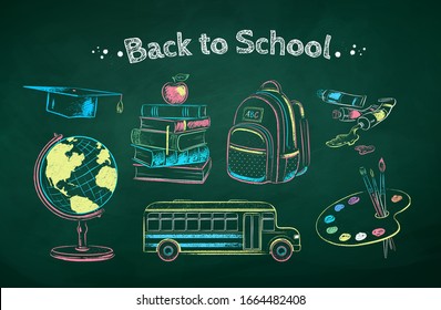 Vector color chalk drawn illustration collection of education items on green chalkboard background.