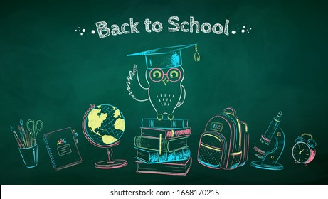 Vector color chalk drawn illustration poster with education symbols on green chalkboard background.