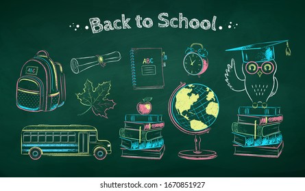 Vector color chalk drawn illustration collection of education items on green chalkboard background.