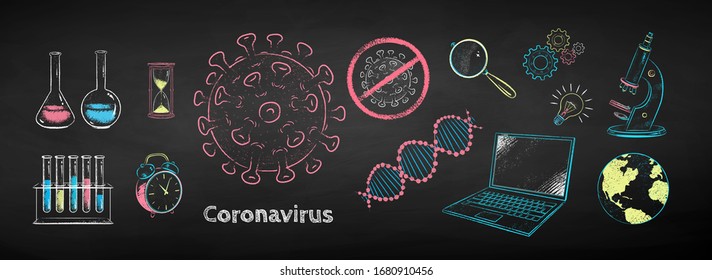 Vector color chalk drawn illustration set of Coronavirus research concept isolated on black chalkboard background.