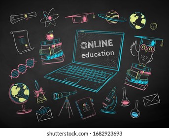 Vector color chalk drawn illustration set of online education items on chalkboard background.
