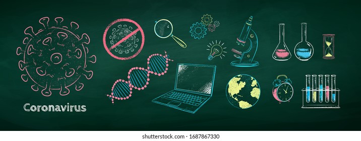 Vector color chalk drawn illustration set of Coronavirus research concept isolated on greenchalkboard background.