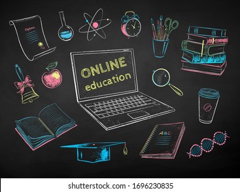 Vector color chalk drawn illustration collection of online education items on black chalkboard background.