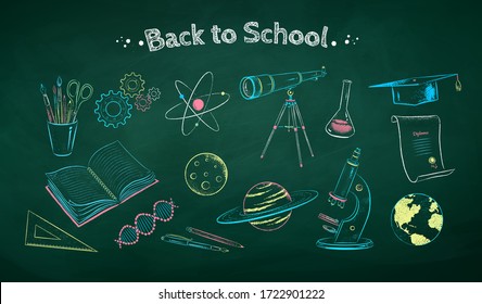 Vektorfarbenkreide gezeichnete Illustrationssets von wissenschaftlichen Objekten auf grünem Kreidehintergrund.