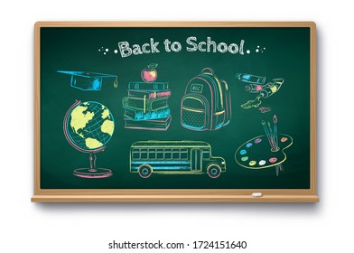 Trazo de color vectorial, colección de ilustraciones de elementos educativos en pizarra verde con sombra aislada sobre fondo blanco.