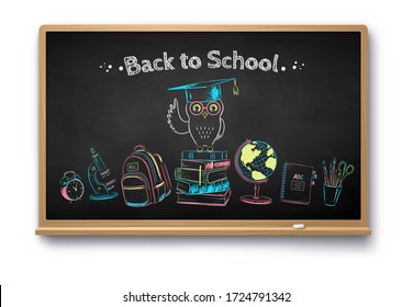 Vector color chalk drawn illustration set of education objects on black chalkboard with shadow isolated on white background.