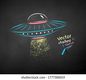 Vector color chalk drawn illustration of UFO on black chalkboard background.