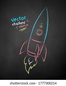 Vector color chalk drawn illustration of rocket on black chalkboard background.