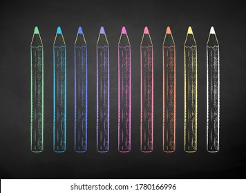 Vector color chalk drawn illustration of colored pencils on black chalkboard background.