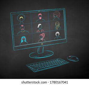 Vector color chalk drawn illustration of desktop monitor with live conference on black chalkboard background.