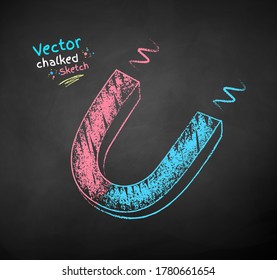 Vector color chalk drawn illustration of magnet on black chalkboard background.