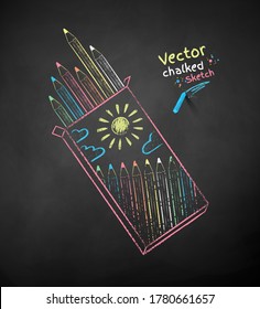 Vector color chalk drawn illustration of pencil box on black chalkboard background.