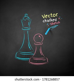 Vector color chalk drawn illustration of chess figures on black chalkboard background.