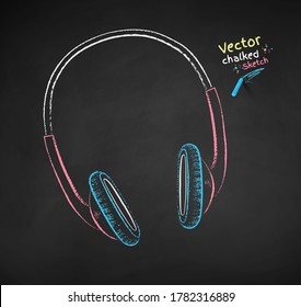 Vector color chalk drawn illustration of headphones with live conference on black chalkboard background.