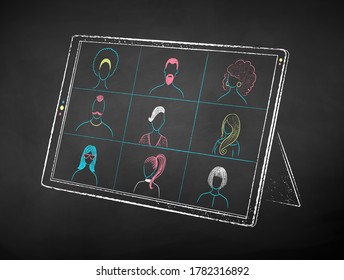 Vector color chalk drawn illustration of digital tablet with live conference on black chalkboard background.