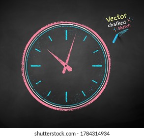 Vector color chalk drawn illustration of clock on black chalkboard background.