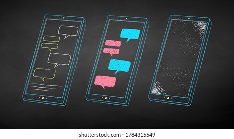 Vector color chalk drawn illustration of smartphone on black chalkboard background.