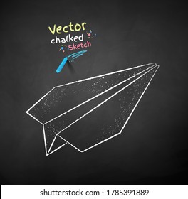 Vector color chalk drawn illustration of paper plane isolated on black chalkboard background.