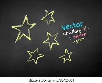 Vector color chalk drawn illustration of stars on black chalkboard background.