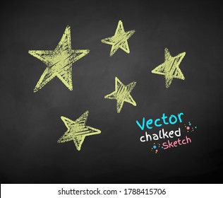 Vector color chalk drawn illustration of stars on black chalkboard background.