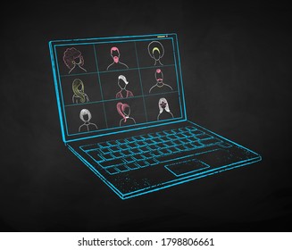 Vector color chalk drawn illustration set of laptop with live conference on black chalkboard background.