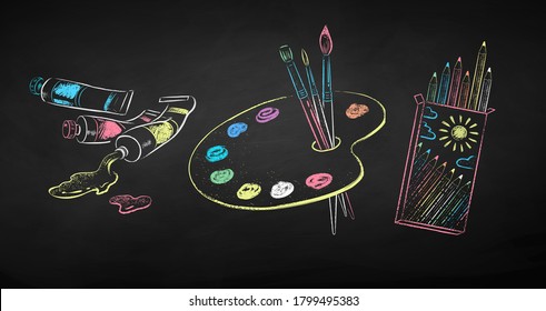 Vector color chalk drawn illustration set of artists supplies on chalkboard background.