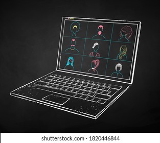 Vector color chalk drawn illustration of computer with live conference on black chalkboard background.