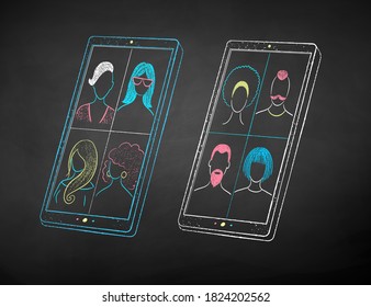 Vector color chalk drawn illustration of smartphone with conference call on black chalkboard background.