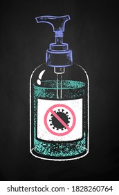 Vector color chalk drawn illustration of sanitizer bottle on black chalkboard background.