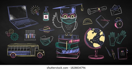 Vector color chalk drawn illustration collection of new normal education objects and owl sitting on books wearing face mask on black chalkboard background.