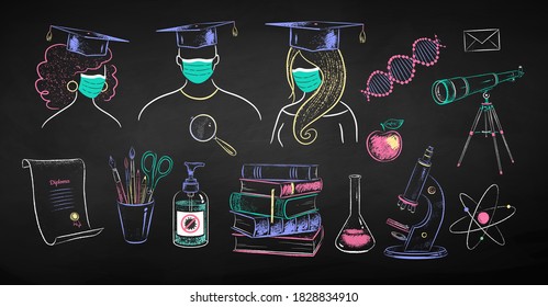 Vector color chalk drawn illustration collection of new normal education objects and characters on black chalkboard background.