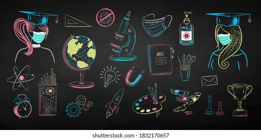 Vector color chalk drawn illustration collection of new normal education objects and characters on black chalkboard background.