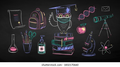 Vector color chalk drawn illustration collection of new normal education objects and owl sitting on books wearing face mask on black chalkboard background.
